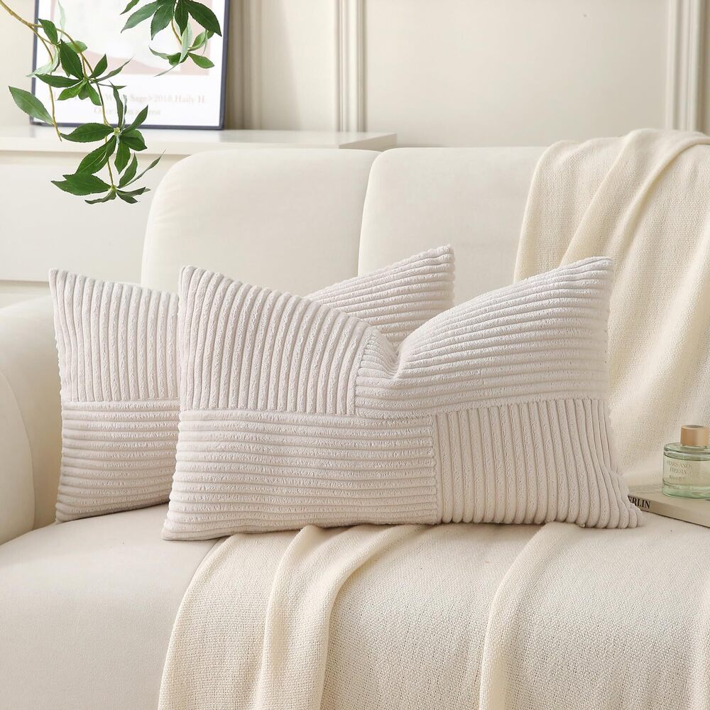 1909 Beige Lumbar Throw Pillow Covers 14x24 inch,Pack of 2 Soft Corduroy